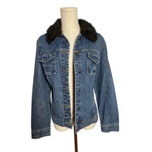 Vintage 90s Y2K Denim Jean Jacket Fur Collar LARGE